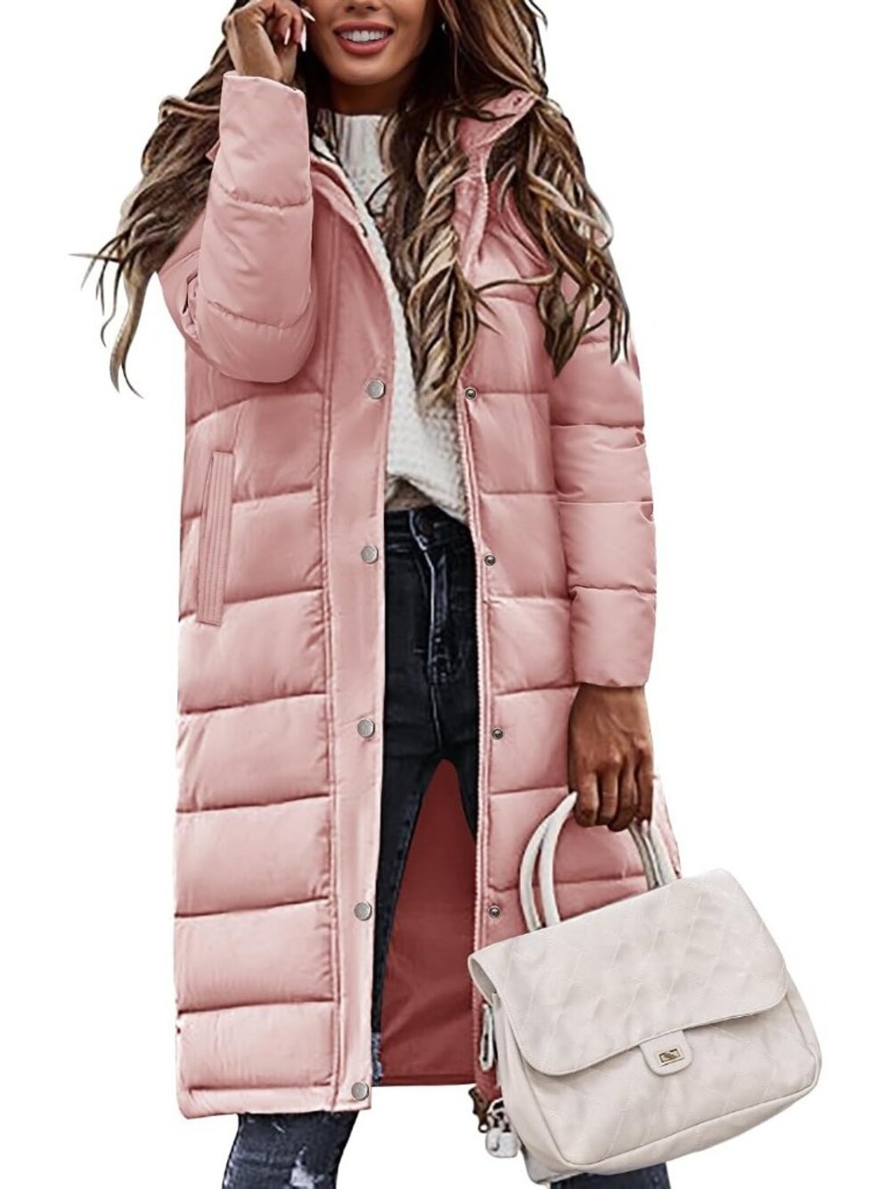 Women's Pink Winter Long Puffer Coat Quilted Warm Jacket with Side Zippers